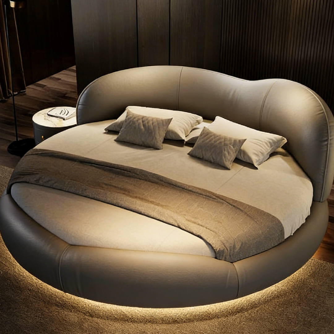 Elegantes rundes Lederbett mit Beleuchtung
